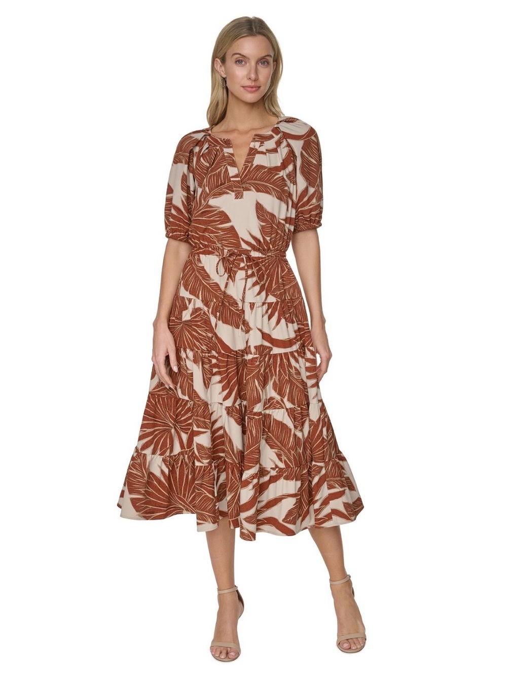 Calvin Klein Brown and Cream Leaf-Print Maxi Dress